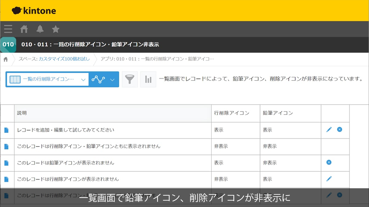 一覧画面で鉛筆アイコン、削除アイコンが非表示に